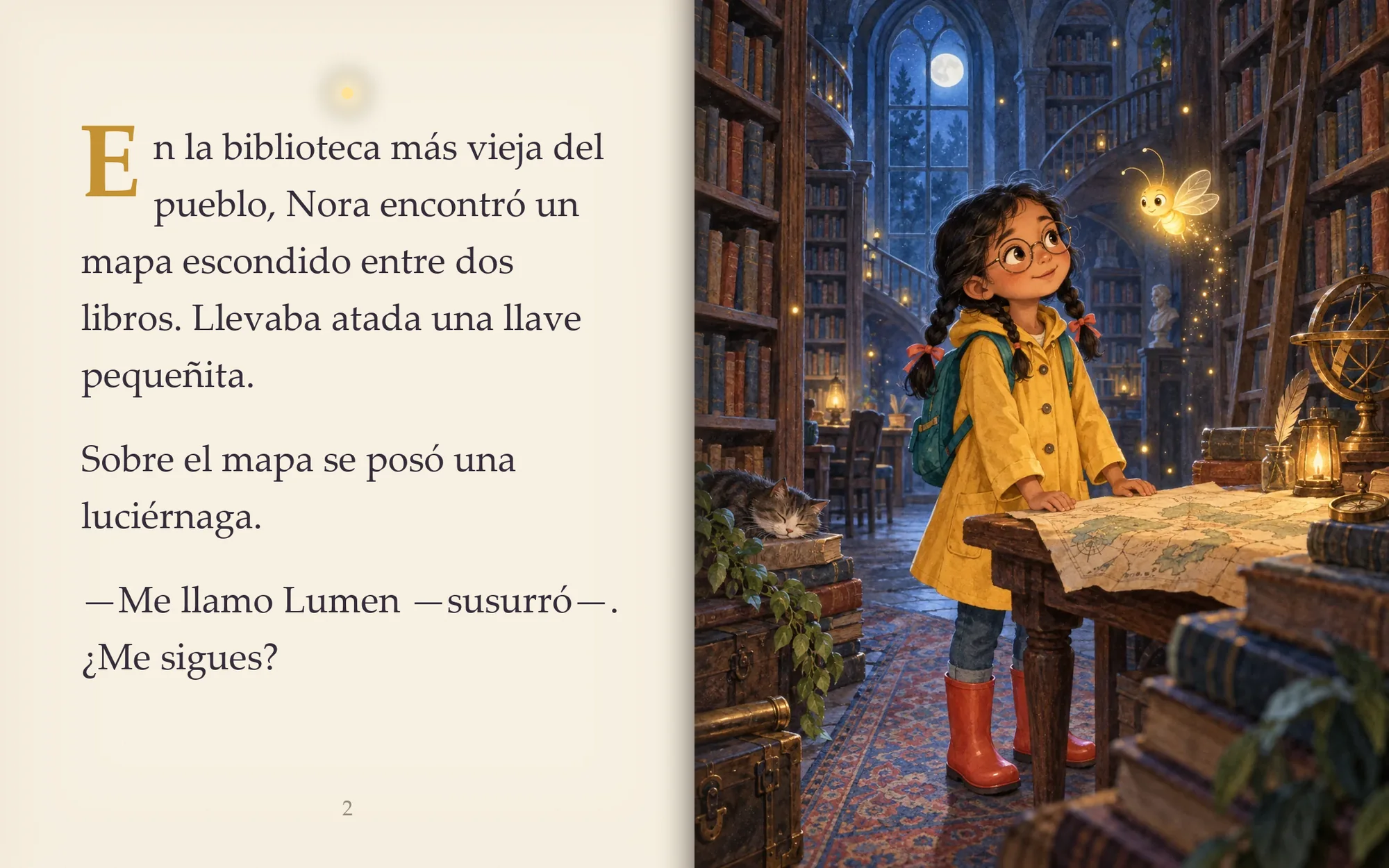 Primera doble página del cuento: el texto de Nora encontrando el mapa y la ilustración de Nora en la biblioteca con Lumen