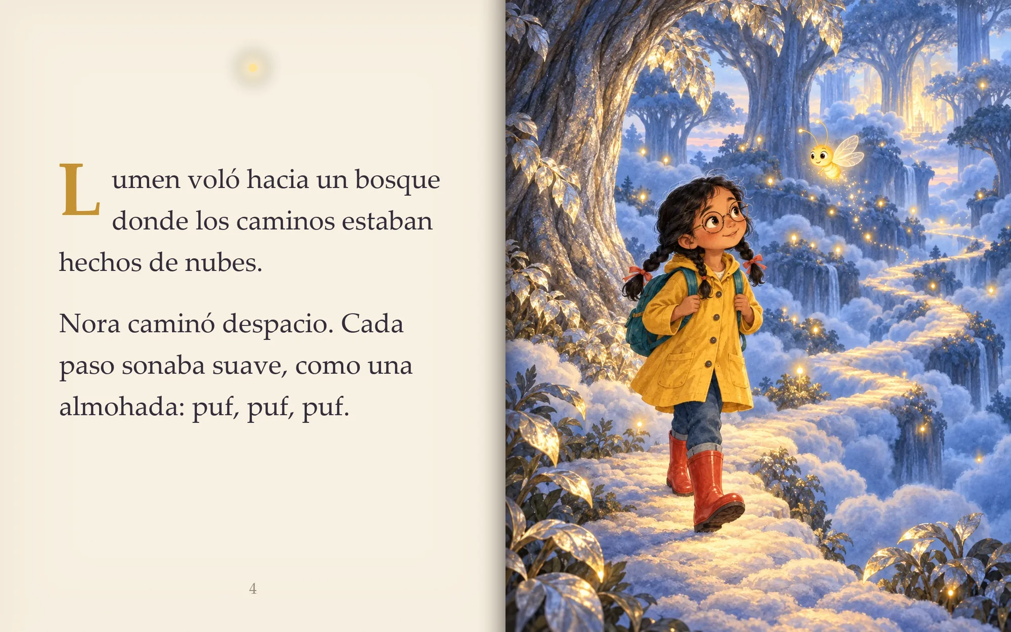 Segunda doble página del cuento: el texto del camino de nubes y la ilustración de Nora siguiendo a Lumen por el bosque