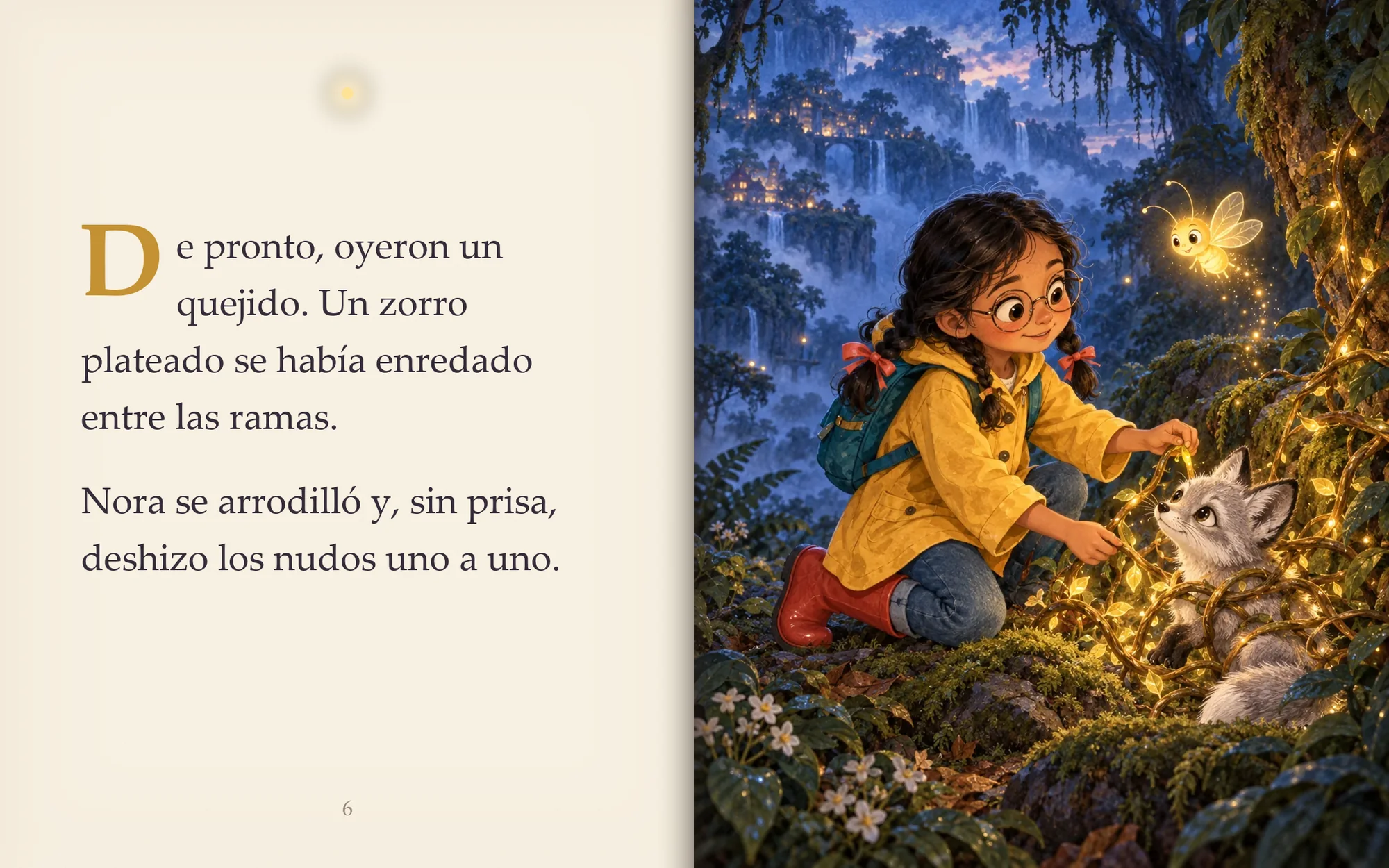 Tercera doble página del cuento: el texto del rescate y la ilustración de Nora liberando al zorro plateado de las ramas