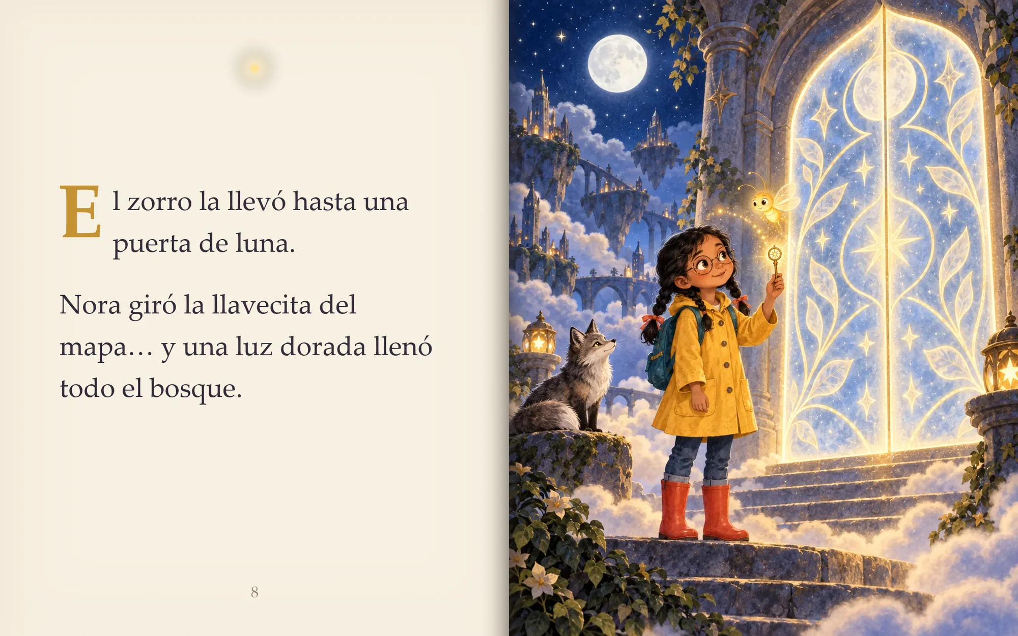 Cuarta doble página del cuento: el texto de la puerta de luna y la ilustración de Nora abriéndola con la llave