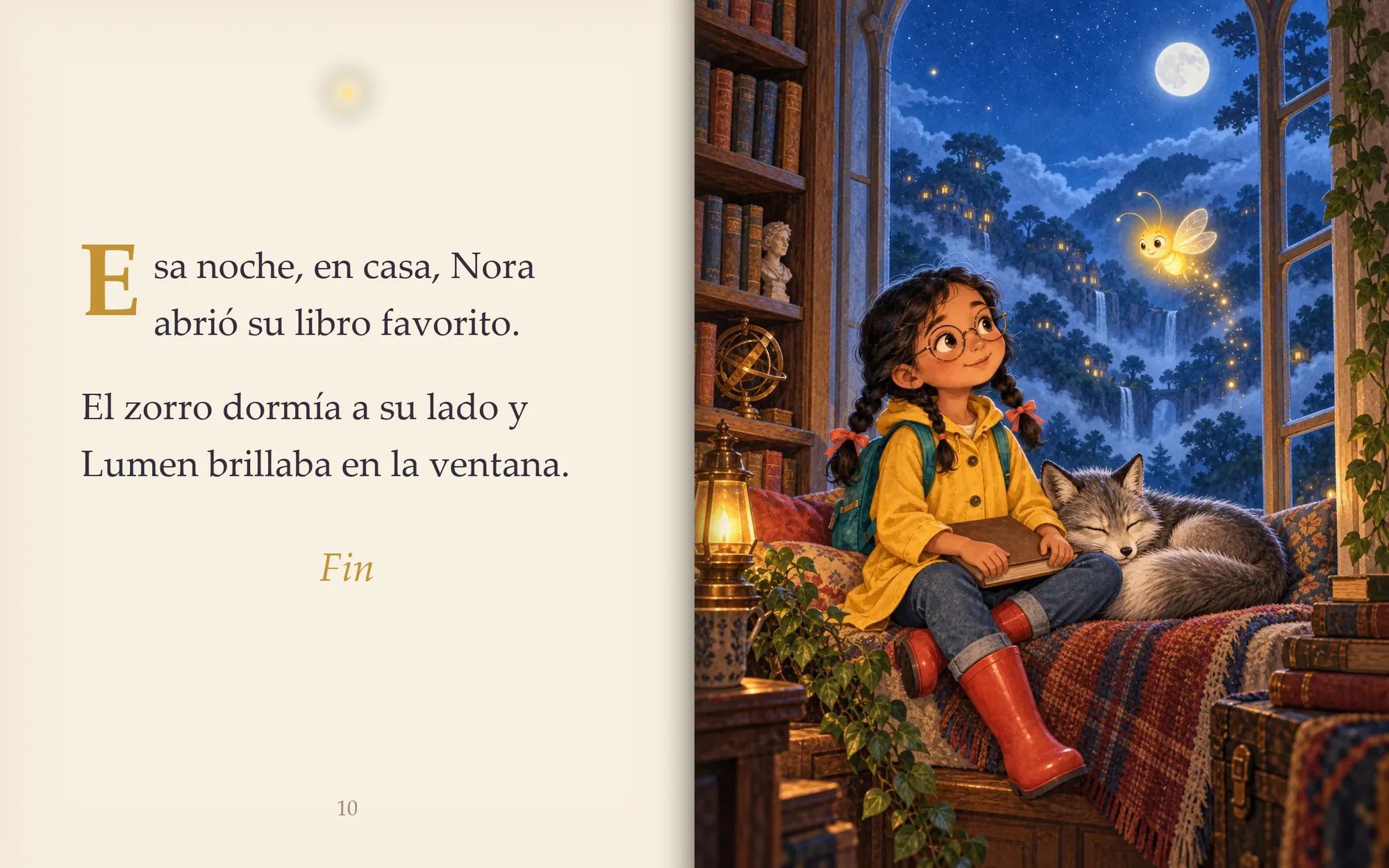 Última doble página del cuento: el texto del final en casa y la ilustración de Nora leyendo con el zorro dormido