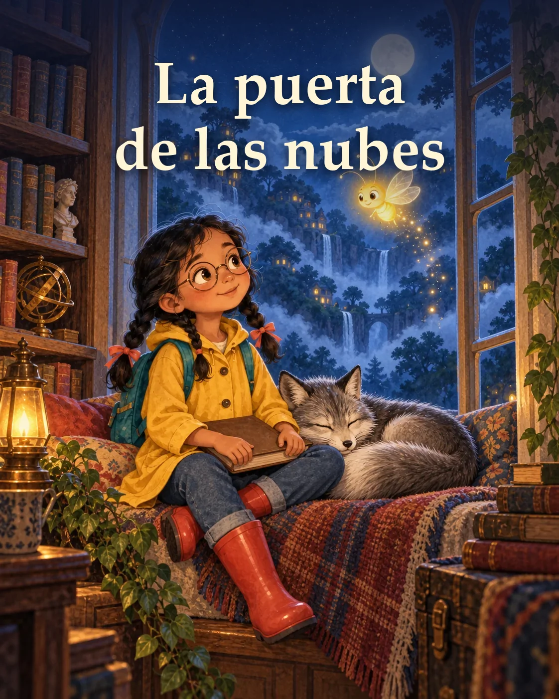 Portada del cuento «La puerta de las nubes» con el título: Nora lee junto a la ventana con el zorro dormido y la luciérnaga Lumen