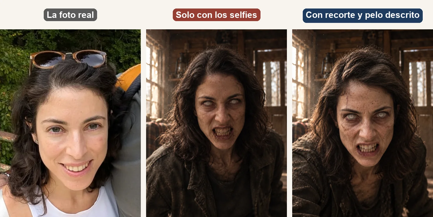 Tres paneles: la foto real de ella con el pelo por los hombros; la versión zombi hecha solo con los selfies, con el pelo más largo y otra cara; y la versión hecha con el recorte de cara y el pelo descrito, que sí se parece
