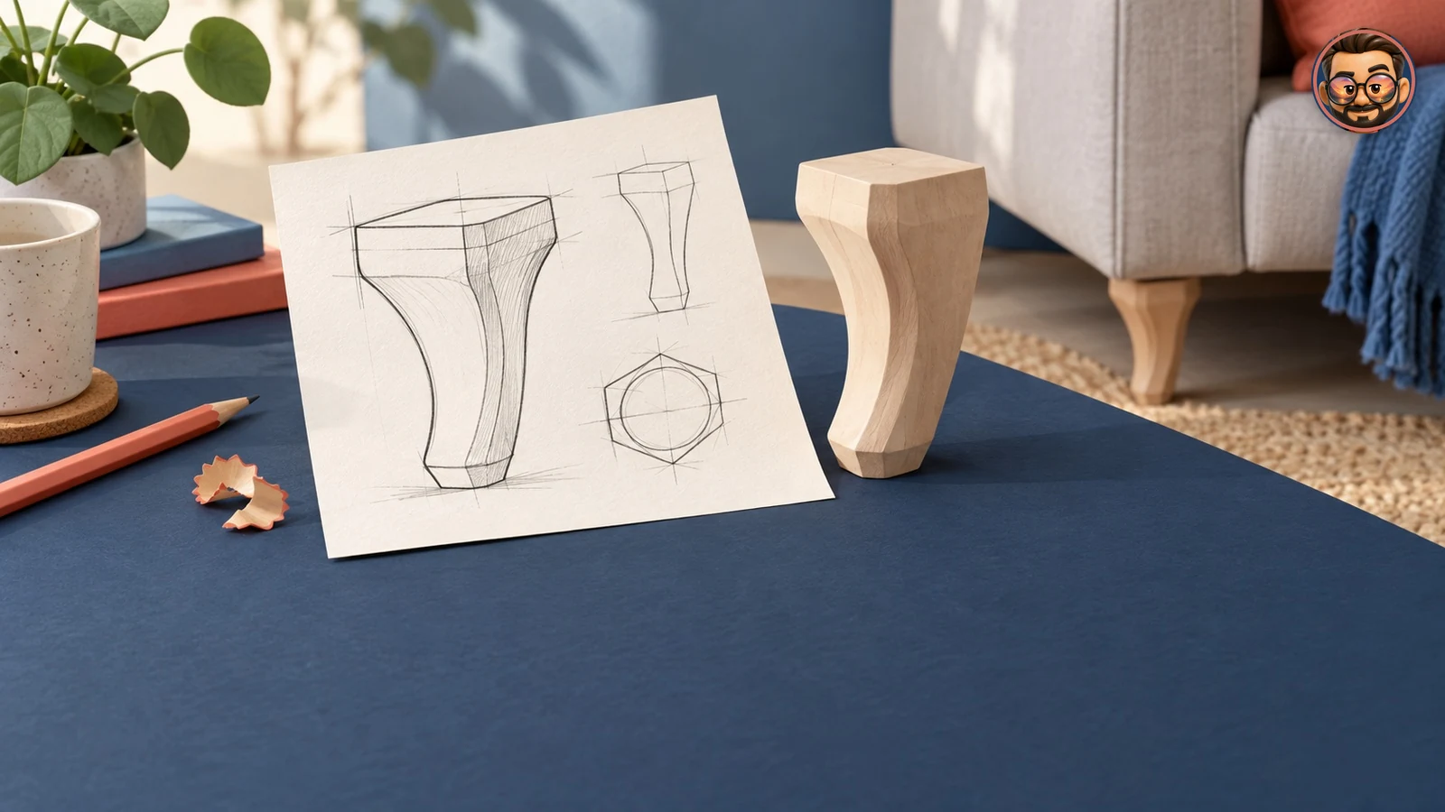 Ilustración generada con IA: boceto de una pata de sofá junto a una pieza tridimensional sobre una mesa azul