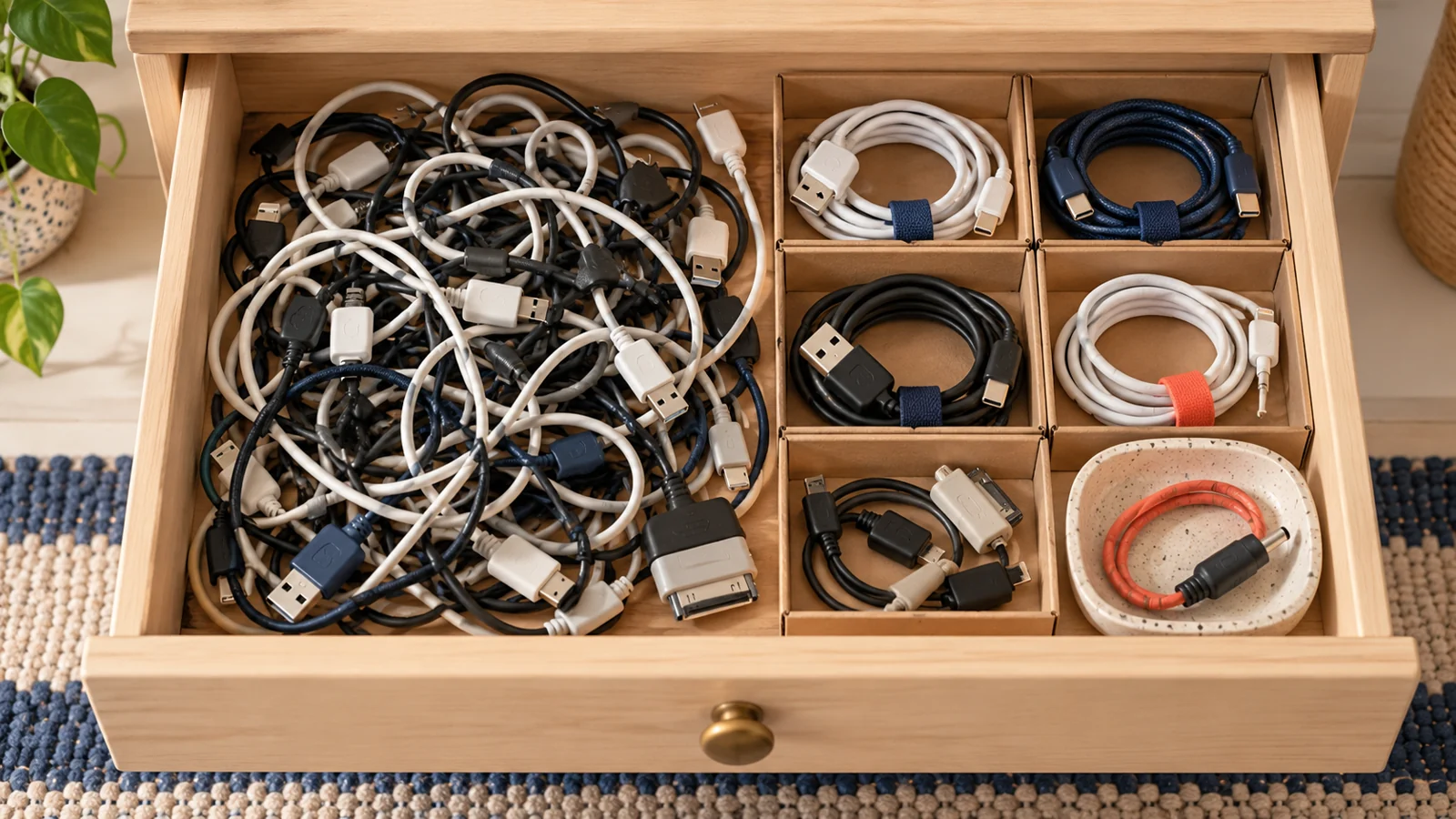 Cajón con cables agrupados en compartimentos reutilizados
