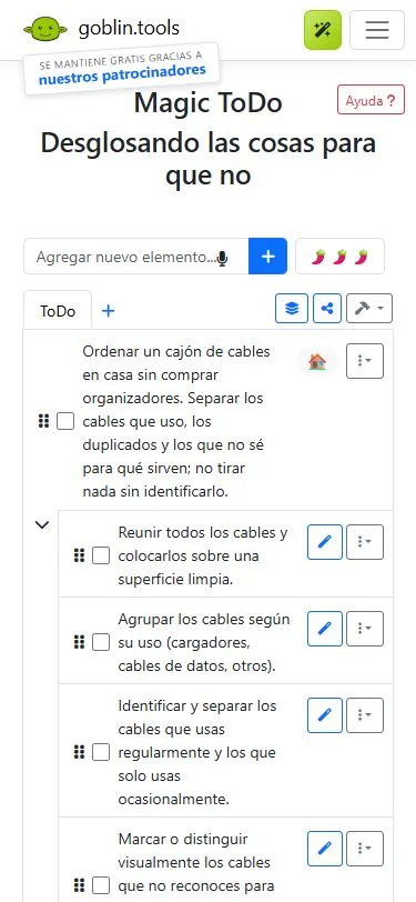 Magic ToDo en móvil con la tarea del cajón de cables y sus primeros pasos en español