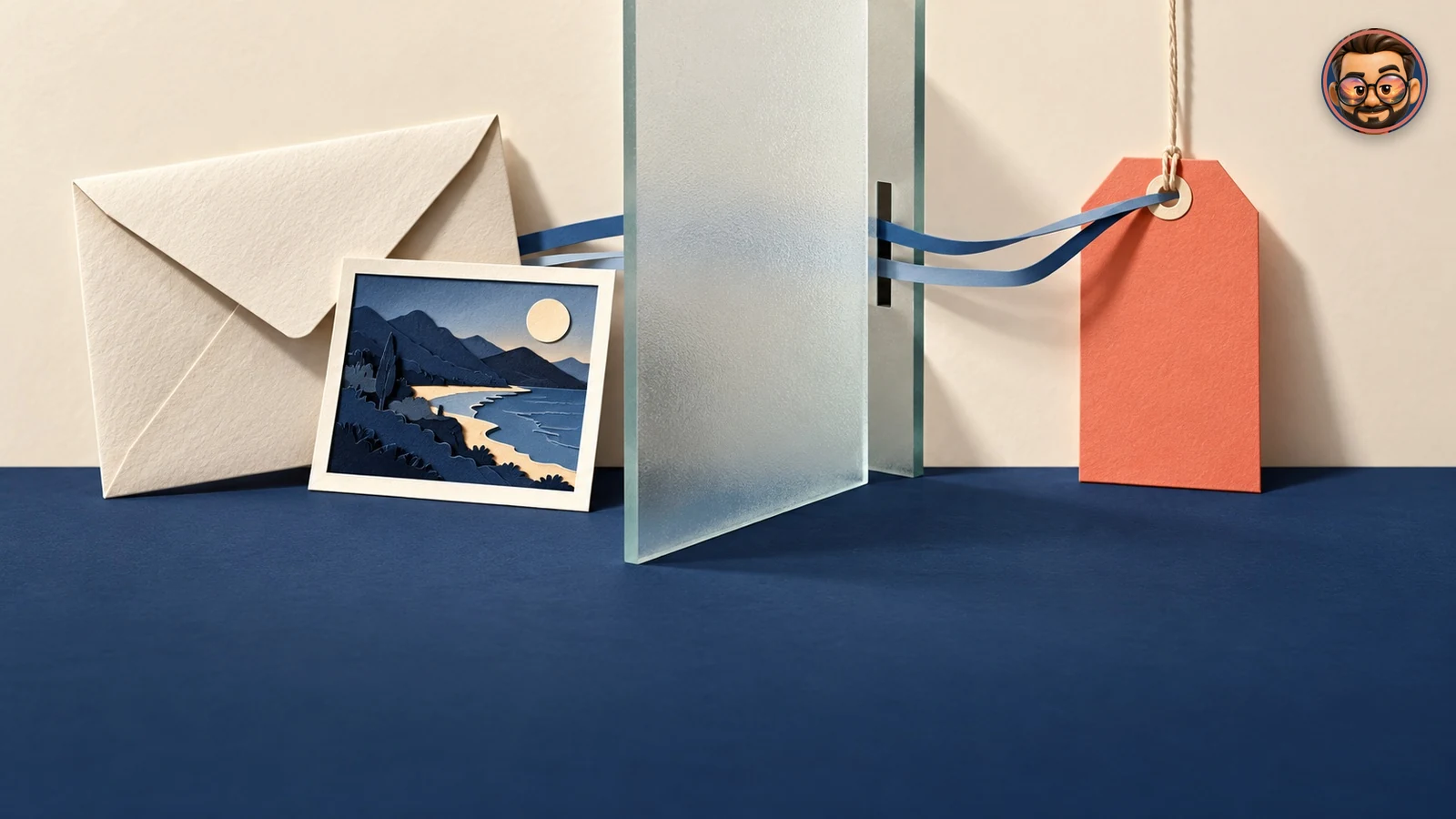 Un sobre y una fotografía separados de una etiqueta comercial por una mampara de cristal