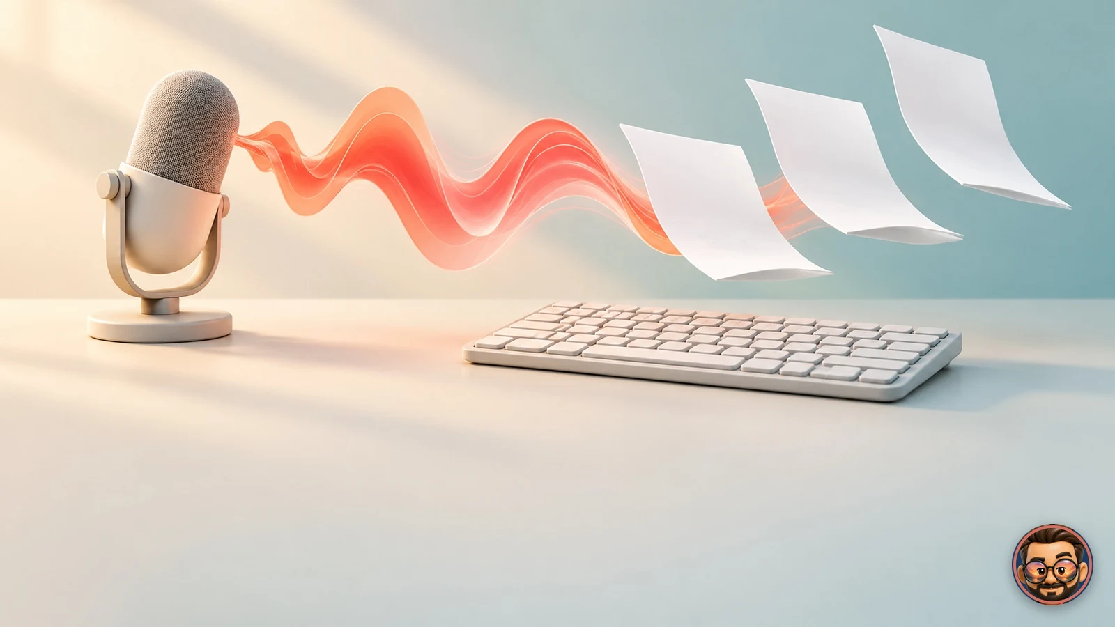Micrófono y teclado con una onda de voz que se transforma en hojas