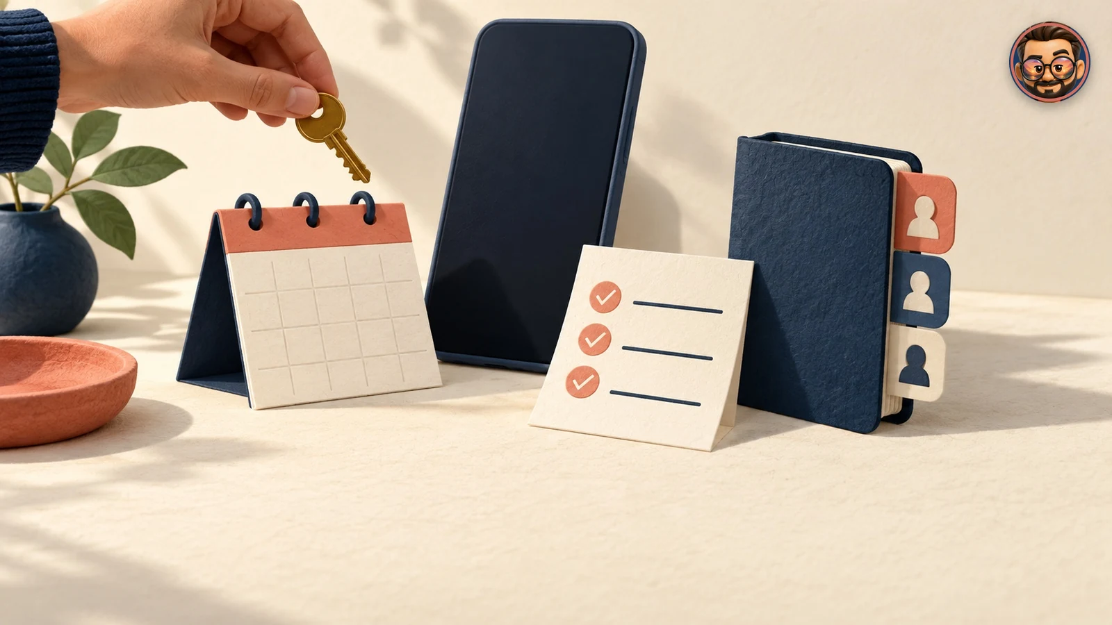 Una llave sobre un calendario junto a un móvil, una lista de tareas y una agenda de contactos