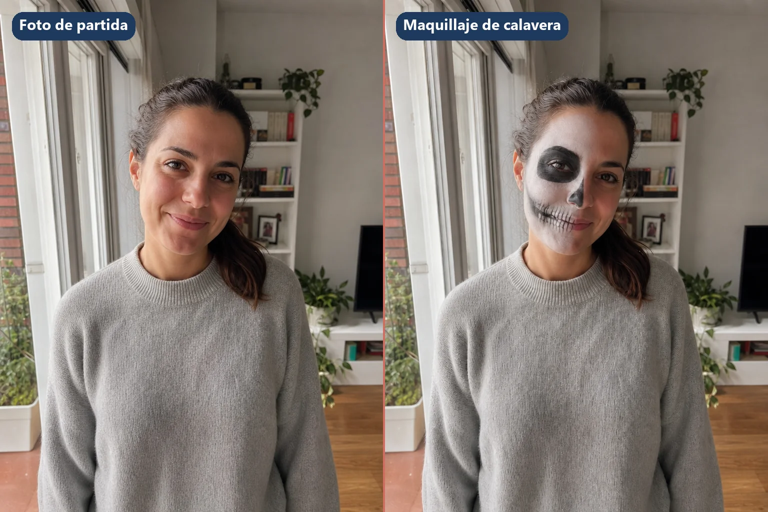 Antes y después de probar con IA un maquillaje de calavera en media cara sobre la misma foto