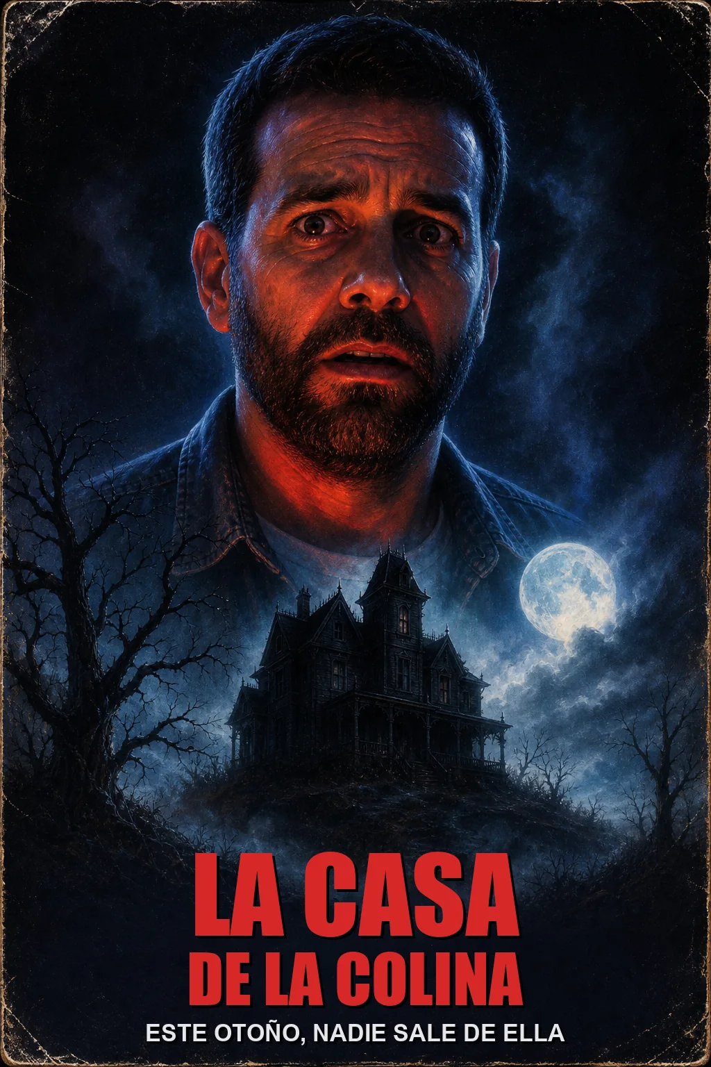 Cartel de película de terror de los 80 creado con IA a partir de una foto, con una casa victoriana bajo la luna y el título añadido después