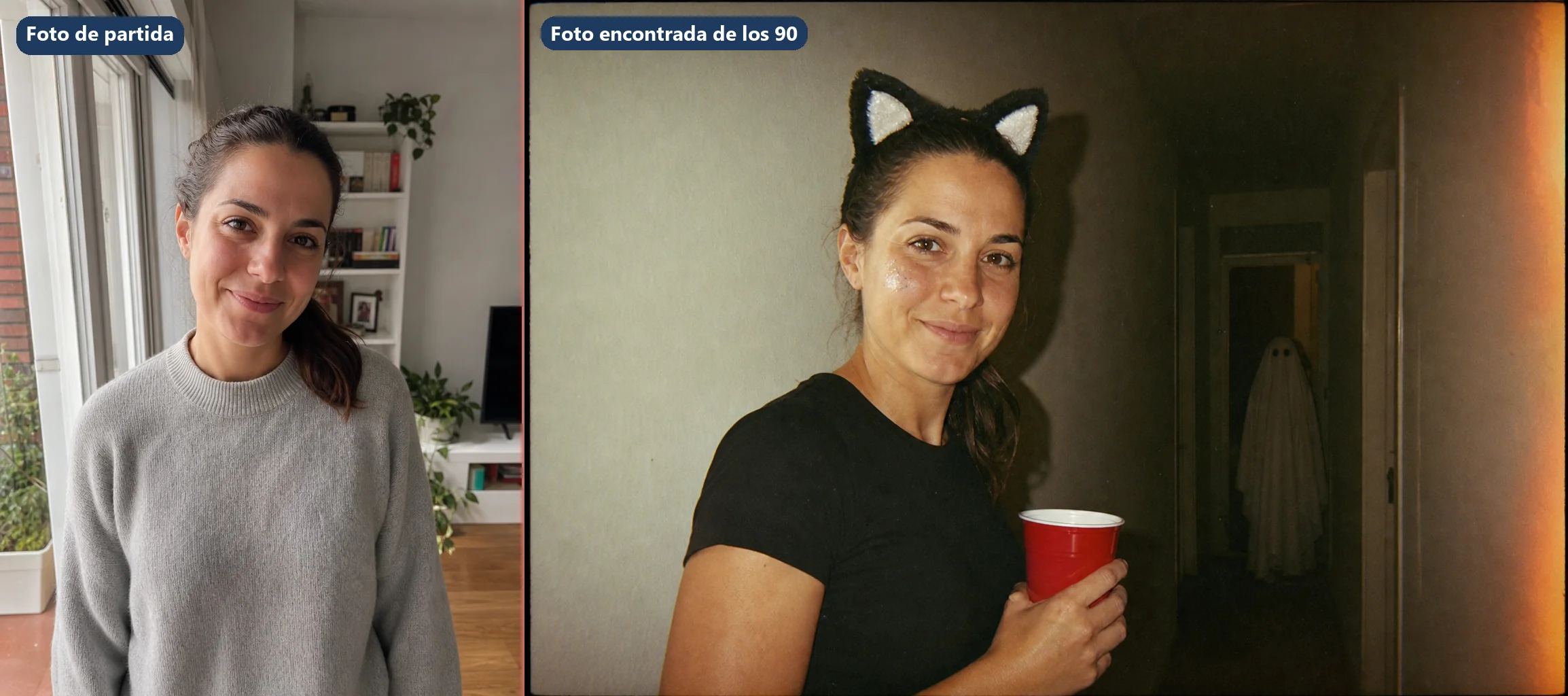 Antes y después: retrato de una mujer en su salón y la misma mujer en una foto de fiesta de los 90 con flash, con un fantasma de sábana al fondo del pasillo