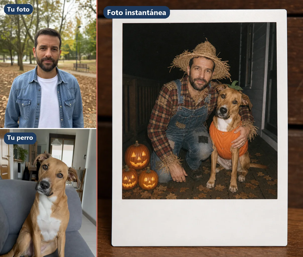 Las dos fotos de partida, un hombre con barba y un perro canela, junto a la foto instantánea en la que él va de espantapájaros casero y el perro lleva un chaleco naranja de calabaza, de noche en un porche con tres calabazas encendidas