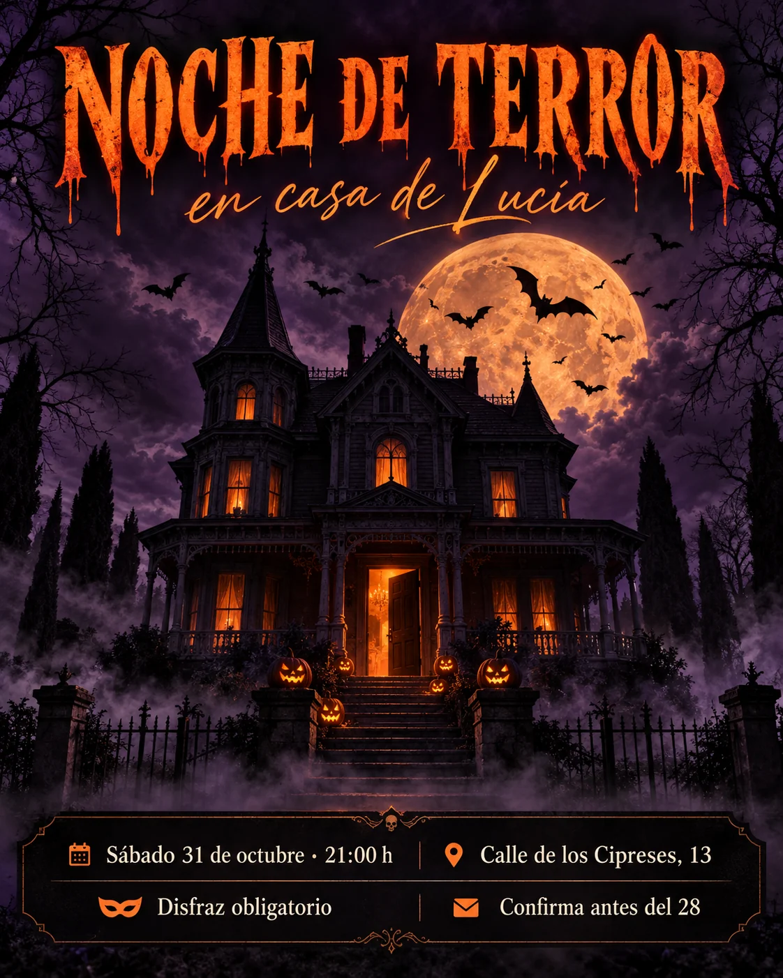 Invitación de fiesta de Halloween creada con IA: casa victoriana con la puerta abierta, calabazas encendidas, luna llena y los datos de la fiesta escritos