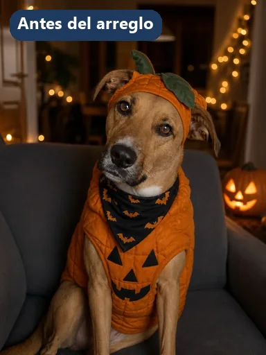 Perro canela con un traje de calabaza en el que la IA dibujó ojos y boca triangulares, y un pañuelo con murciélagos, en un sofá