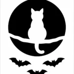 Plantilla de calabaza en blanco y negro generada con IA: una luna llena con un gato sentado de espaldas sobre una rama y tres murciélagos debajo