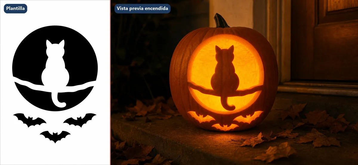 La plantilla de calabaza en blanco y negro junto a una vista previa generada con IA de esa calabaza tallada y encendida de noche en el escalón de una casa