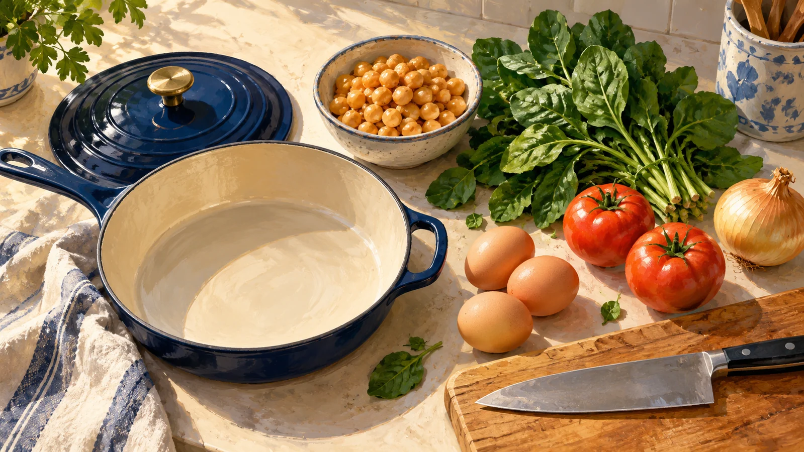 Garbanzos, huevos y verduras junto a un recipiente de cocina