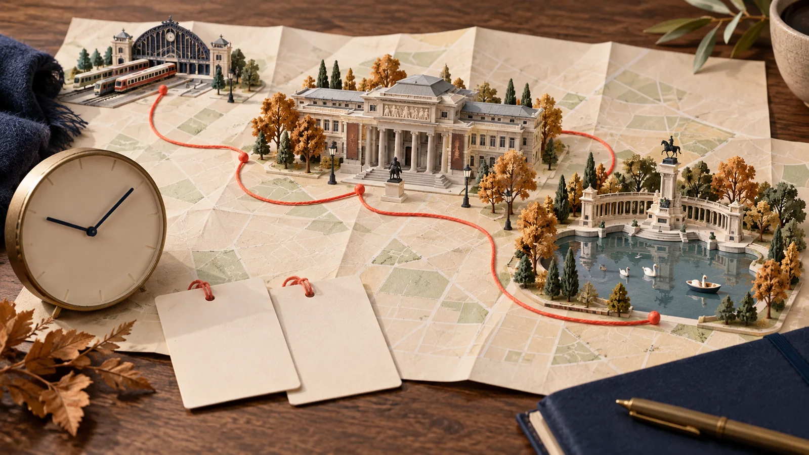 Maqueta de Madrid con el Museo del Prado, el estanque del Retiro y una ruta que vuelve a la estación