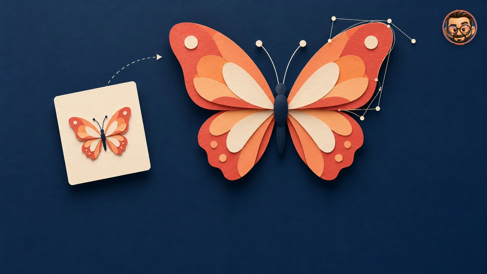 Mariposa coral a dos tamaños con curvas y nodos de edición sobre fondo azul