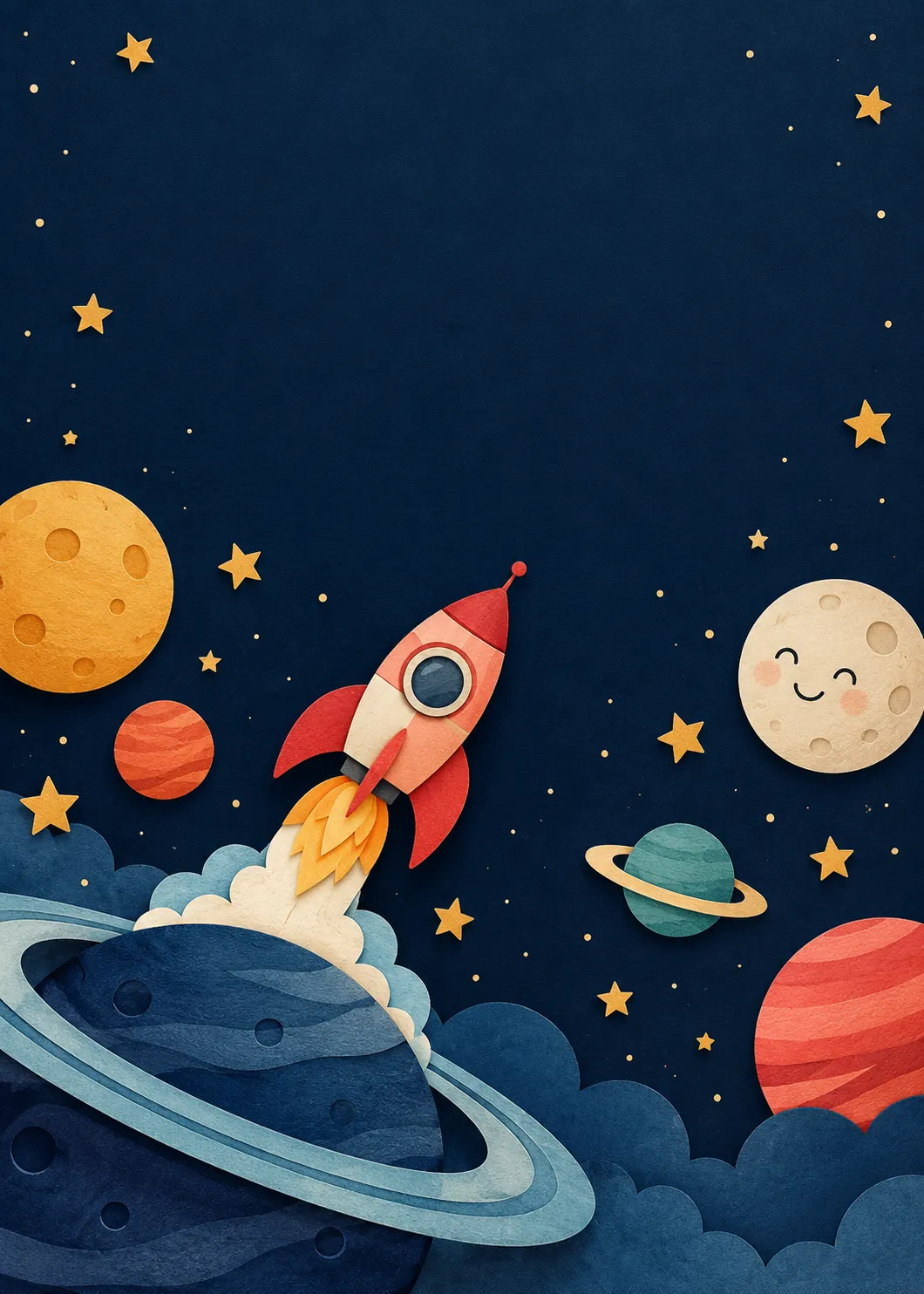 Fondo de invitación infantil espacial con cohete y planetas