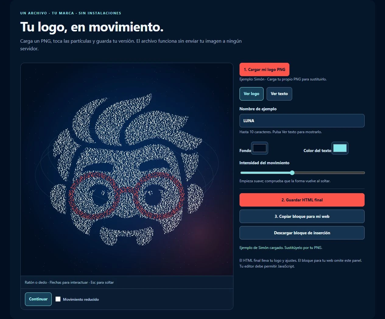 Editor con Simón formado por puntos blancos y coral luminosos, y controles para cargar el PNG y exportar el HTML.