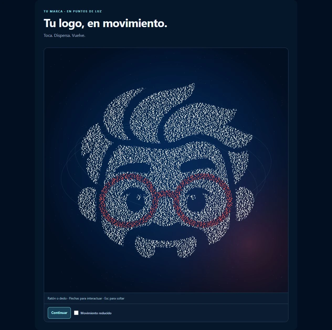 HTML final con Simón formado por partículas nítidas y los controles de pausa y movimiento reducido, sin el panel editor.