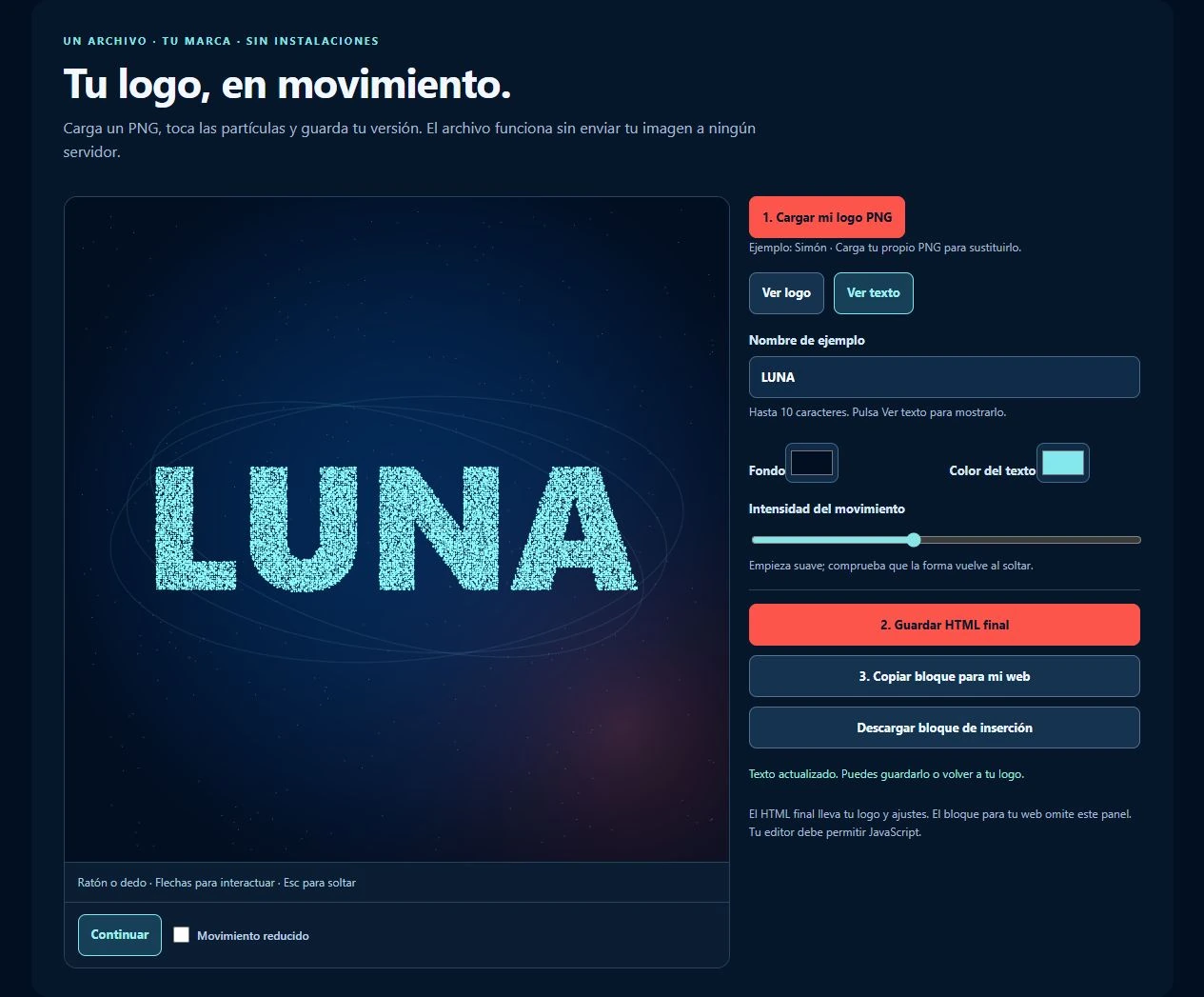 Texto LUNA formado por partículas luminosas con los controles de nombre, color y exportación.