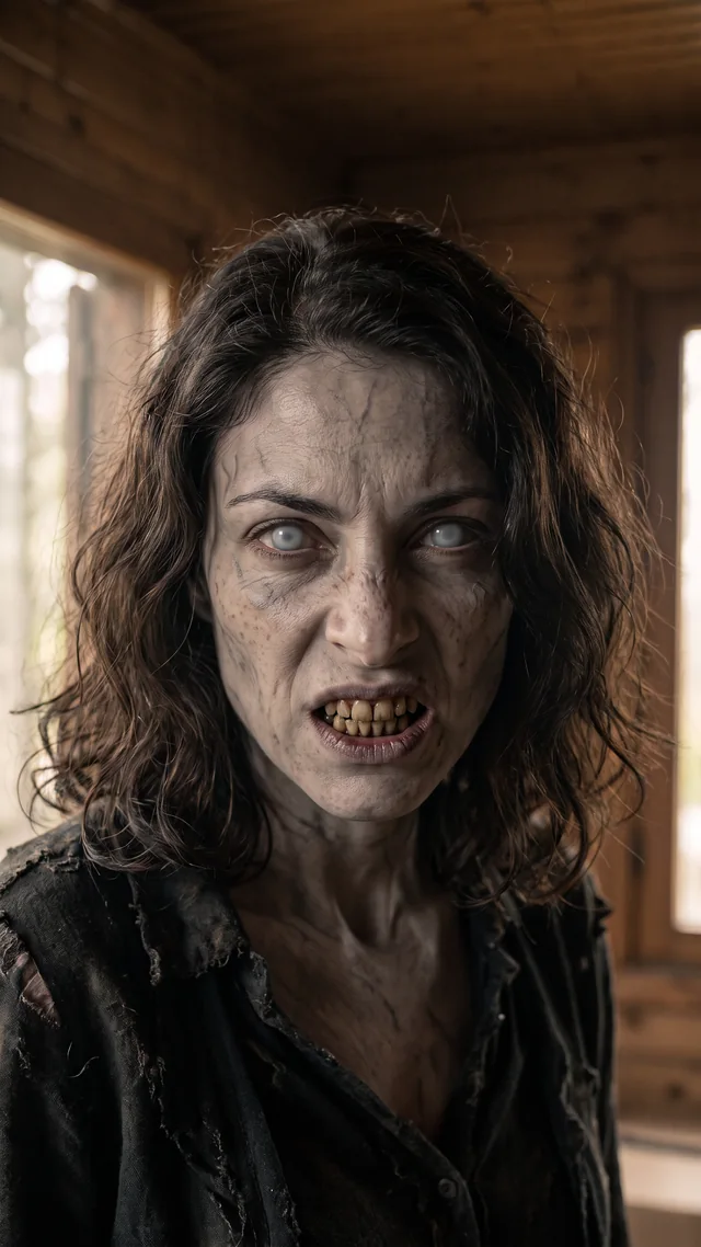 Fotograma 2: ella convertida en zombi, con los ojos blancos y gruñendo a cámara