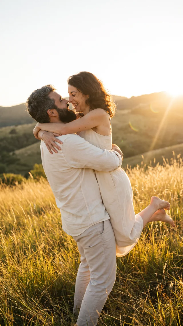 Fotograma 4: en un campo dorado al atardecer, ella salta a sus brazos y se miran riendo