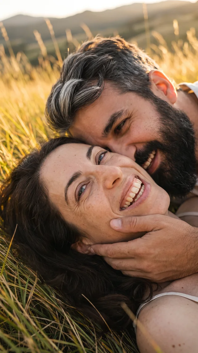 Fotograma 5: los dos tumbados en la hierba, ella riendo y él con la mano en su mejilla