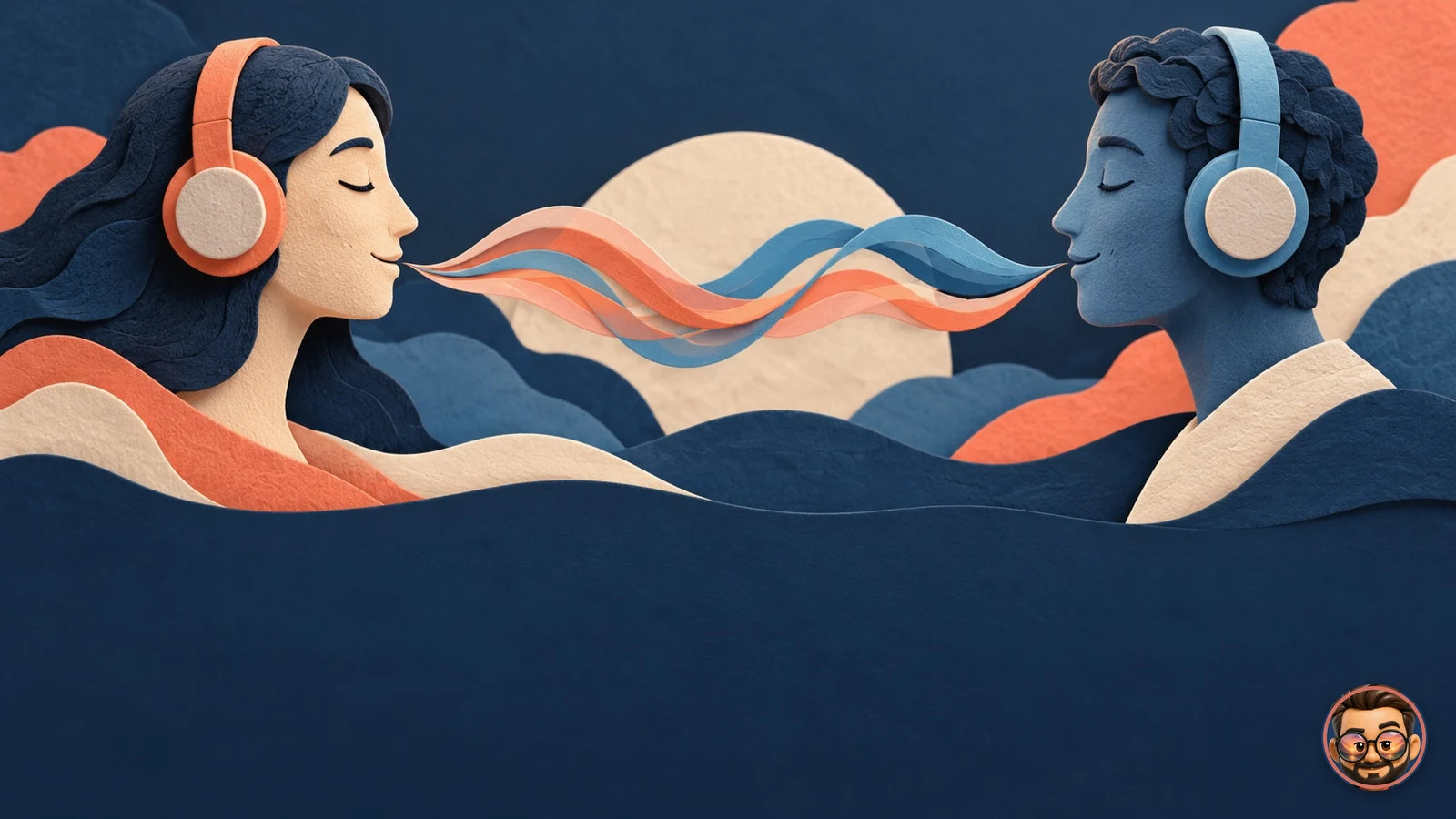 Dos personas con auriculares conectadas por ondas de voz de colores