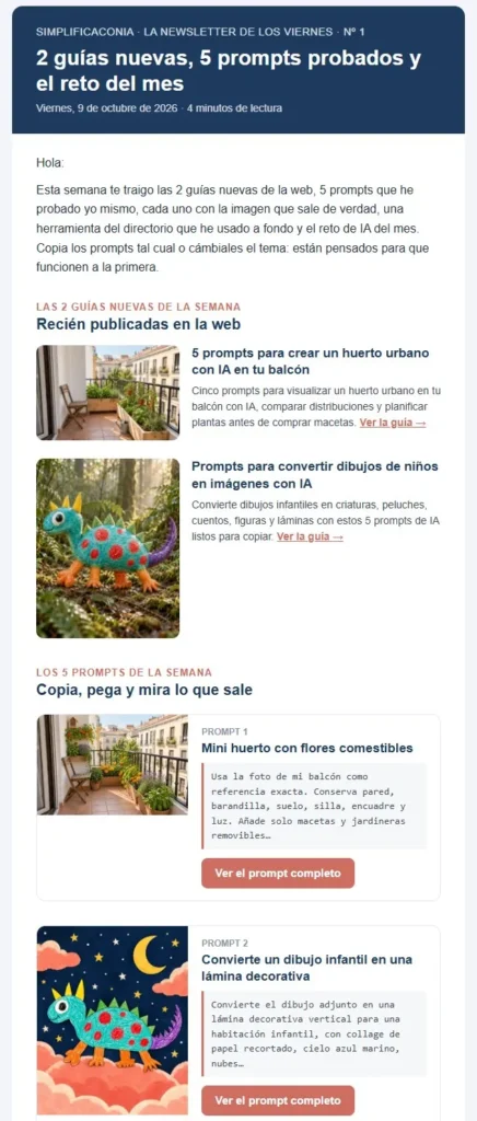 Principio del número 1 de la newsletter: las 2 guías nuevas de la semana y los primeros prompts con su imagen de resultado