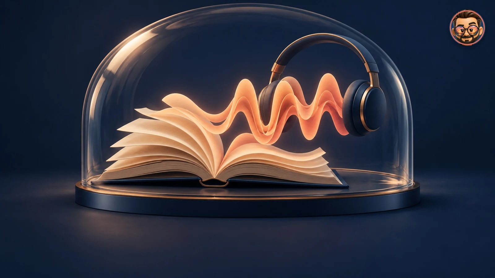 Un libro se transforma en ondas de sonido hacia unos auriculares bajo una campana de cristal