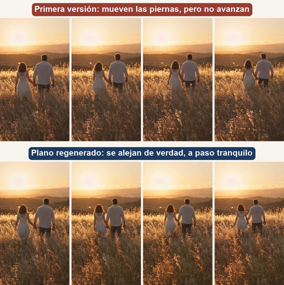Dos tiras de cuatro fotogramas del paseo: arriba, la primera versión, en la que la pareja mantiene el mismo tamaño; abajo, el plano regenerado, en el que se van haciendo más pequeños porque se alejan