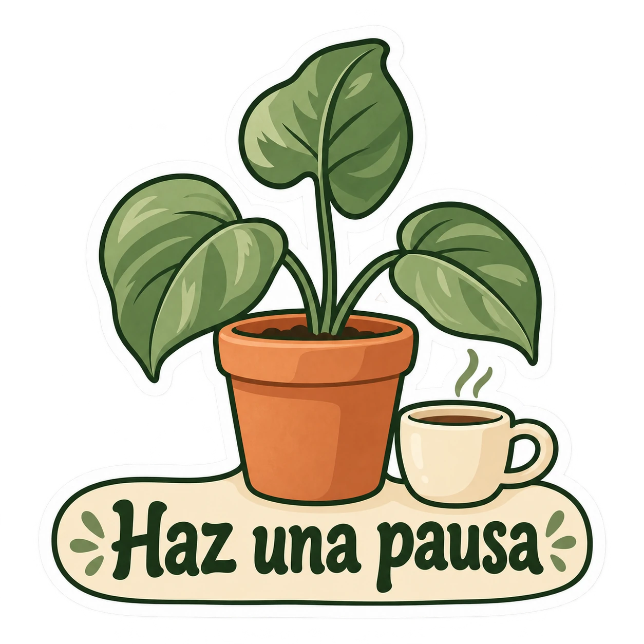 Pegatina de una planta de tres hojas, una taza y la frase Haz una pausa