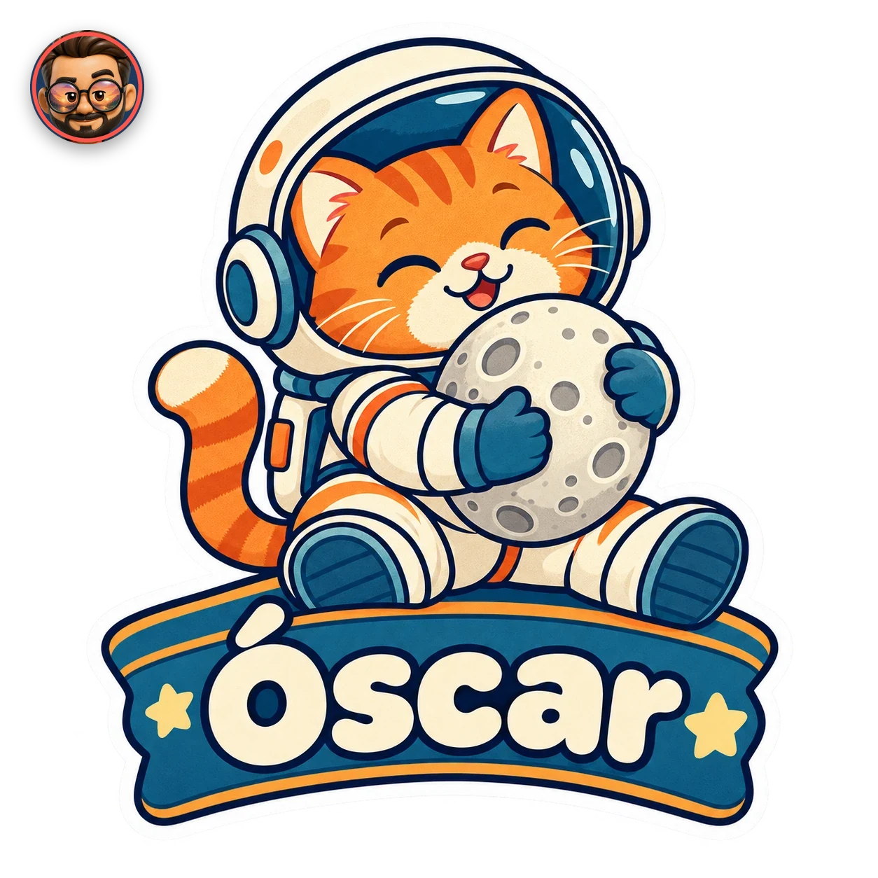 Gato astronauta con el nombre Óscar y sello de Simón en la esquina