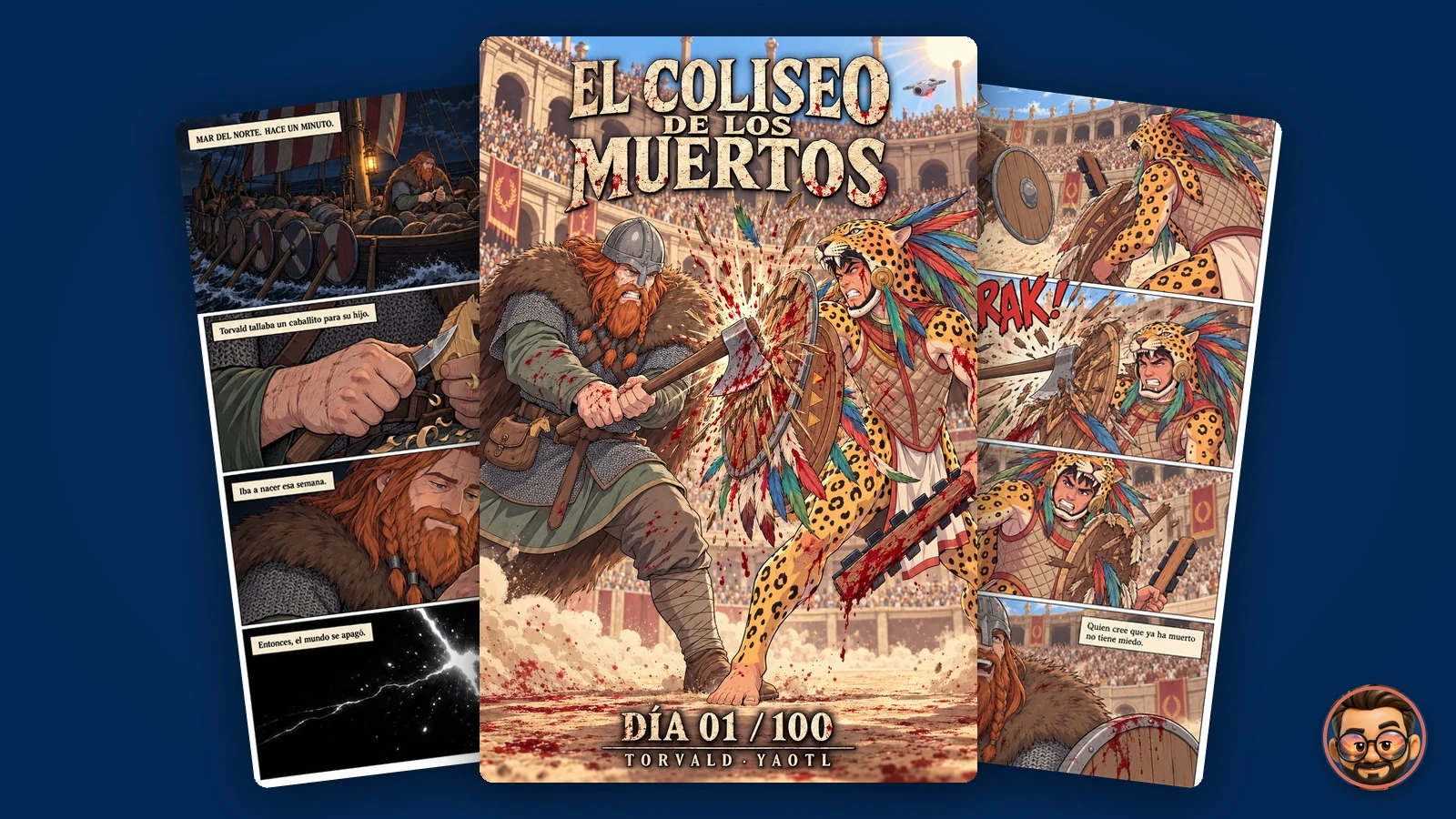 La portada del cómic El Coliseo de los Muertos y dos de sus páginas en abanico sobre fondo azul marino