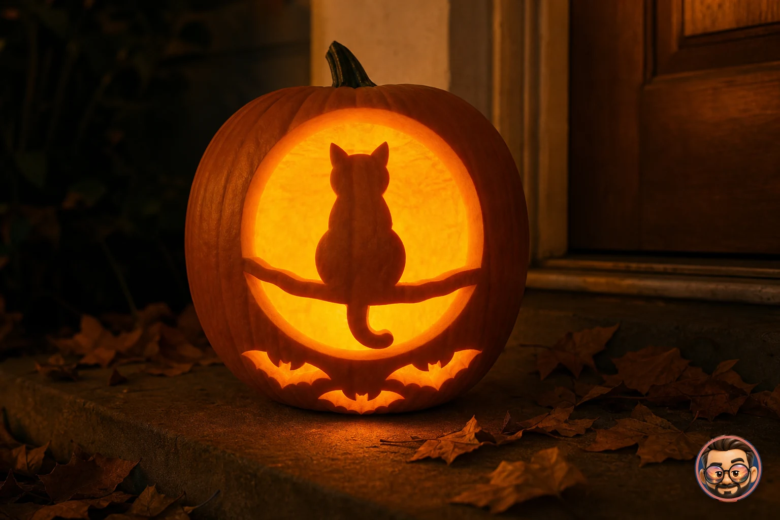 Vista previa generada con IA de una calabaza tallada con una luna y un gato, encendida de noche en la entrada de una casa