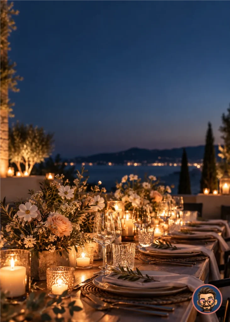 Cena de cumpleaños con velas y sello de Simón