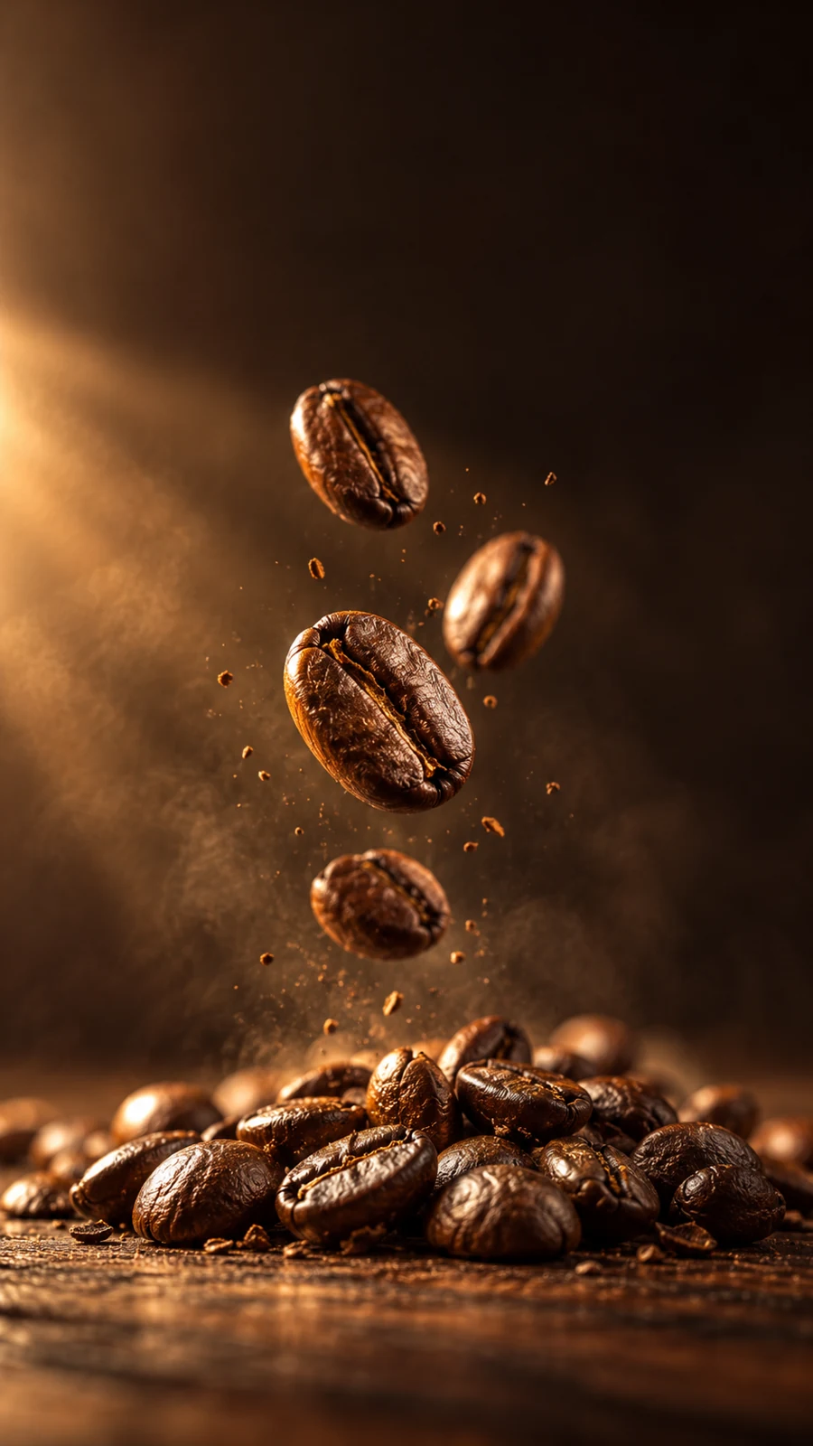 Granos de café tostado con luz dorada