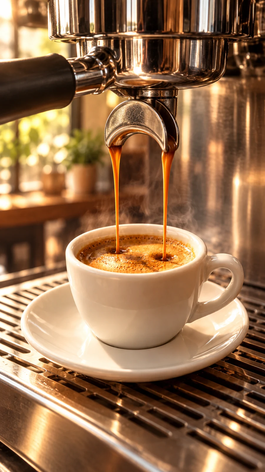 Espresso cayendo en una taza marfil