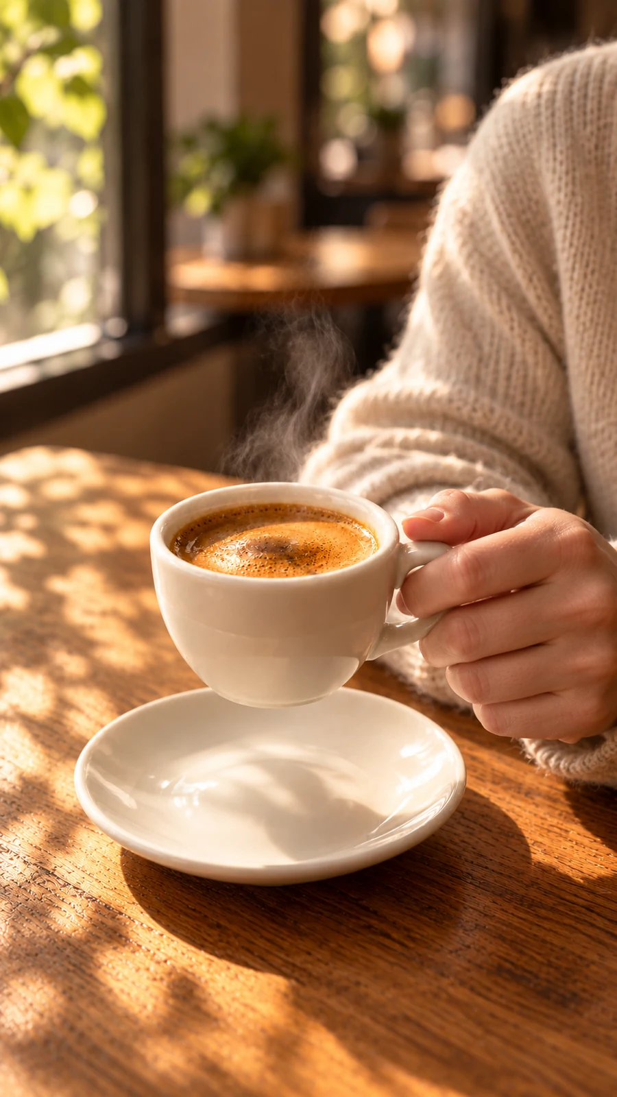 Una mano sostiene la taza junto a la ventana