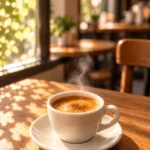 Café recién hecho sobre una mesa de roble