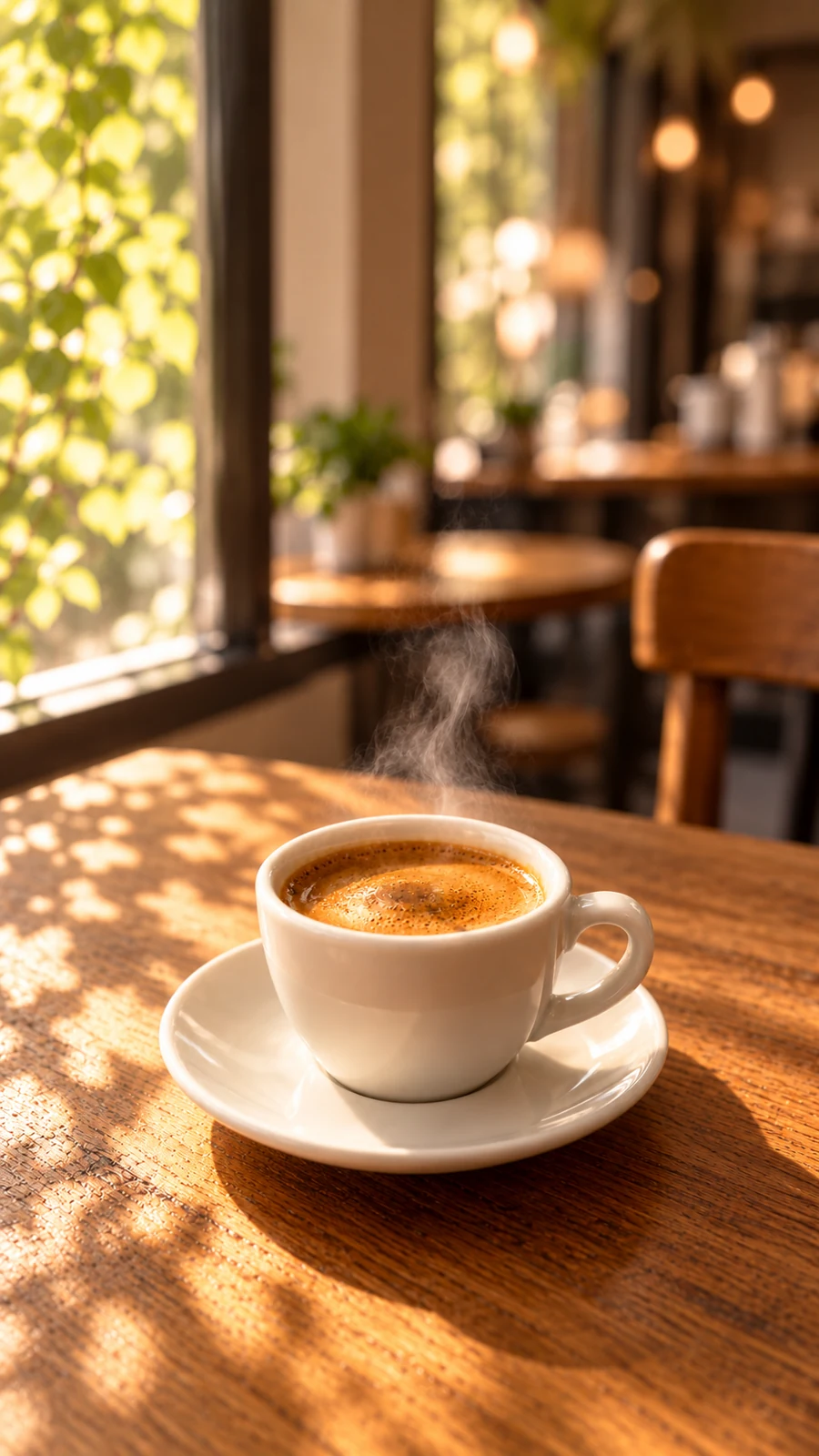 Café recién hecho sobre una mesa de roble