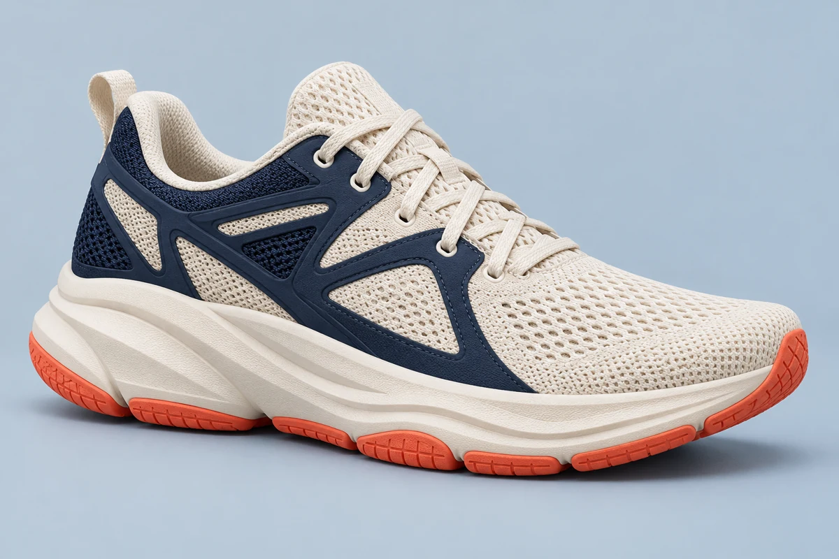 Referencia maestra de AURA 01: zapatilla marfil, azul noche y coral