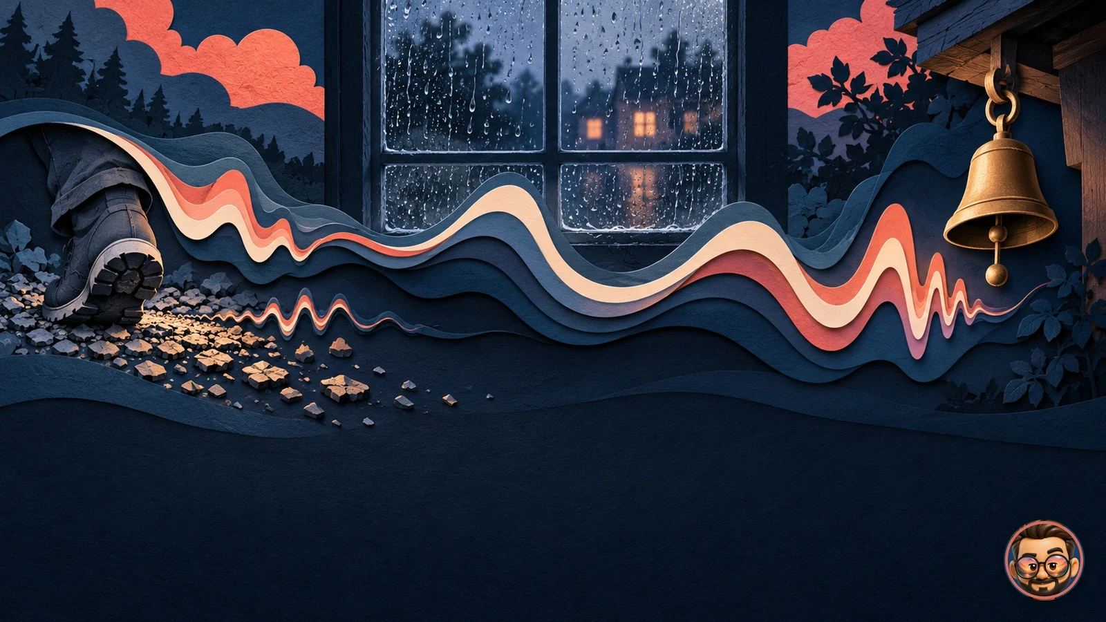 Ondas de sonido entre una ventana con lluvia, pasos sobre grava y una campanilla
