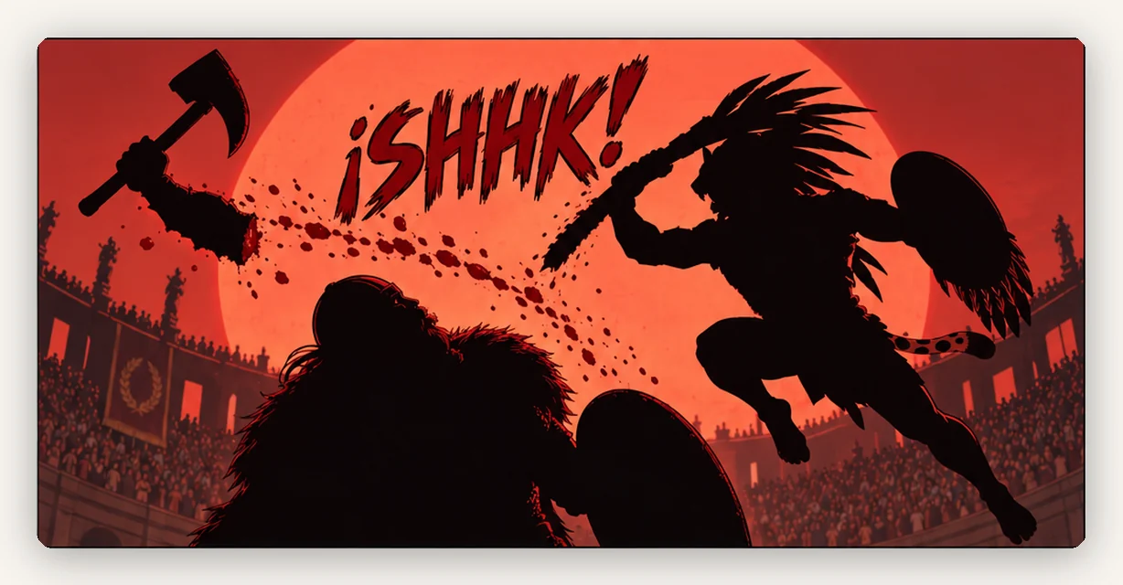 Viñeta en silueta negra sobre un sol rojo: el guerrero jaguar baja su arma y el hacha del vikingo sale despedida, con la onomatopeya SHHK