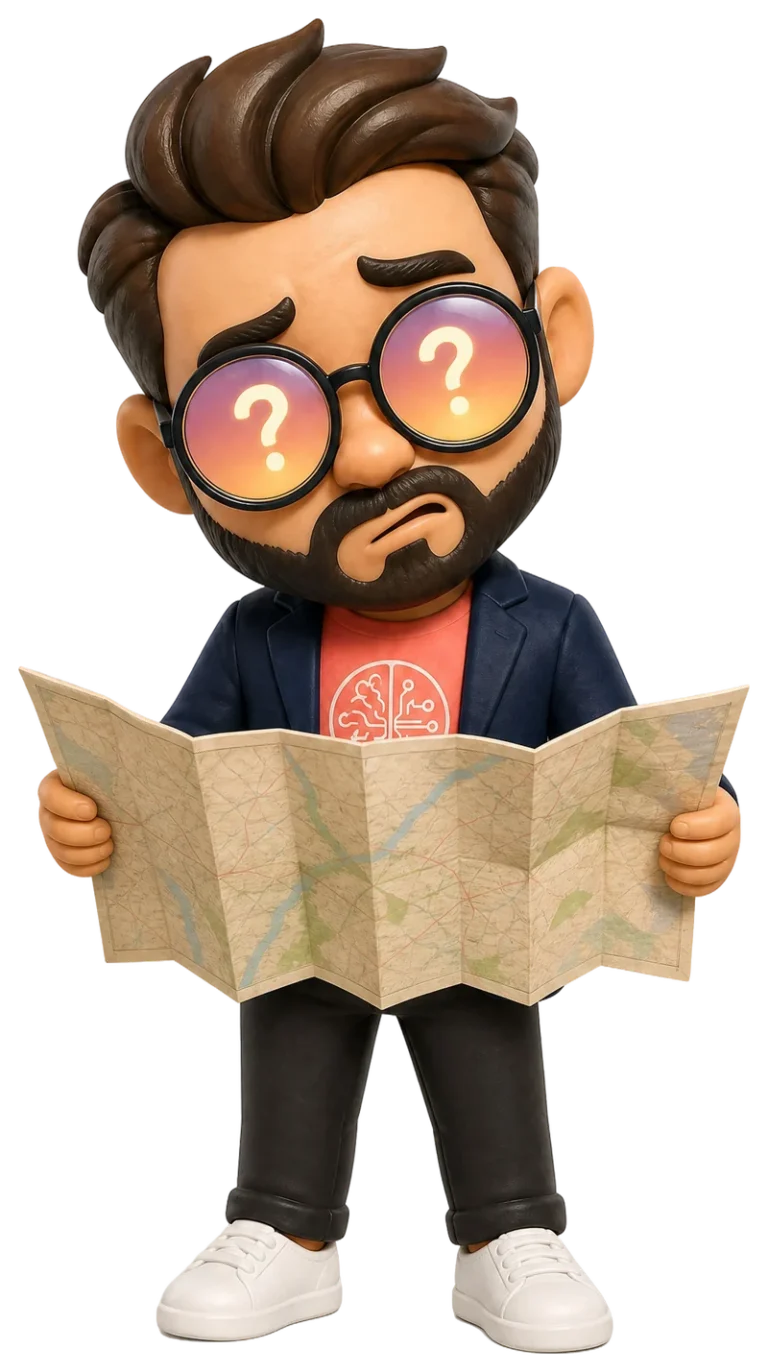 Simón, la mascota de Simplifica con IA, mira un mapa para orientarse entre tantas IAs