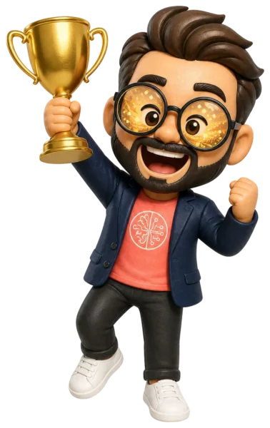 Simón, la mascota de Simplifica con IA, celebra levantando el trofeo del reto